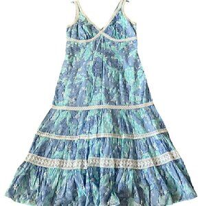 Lily Pulitzer Jacinda Midi Dress Blue  Wagon Print Sleeveless Tiered Lace Trim